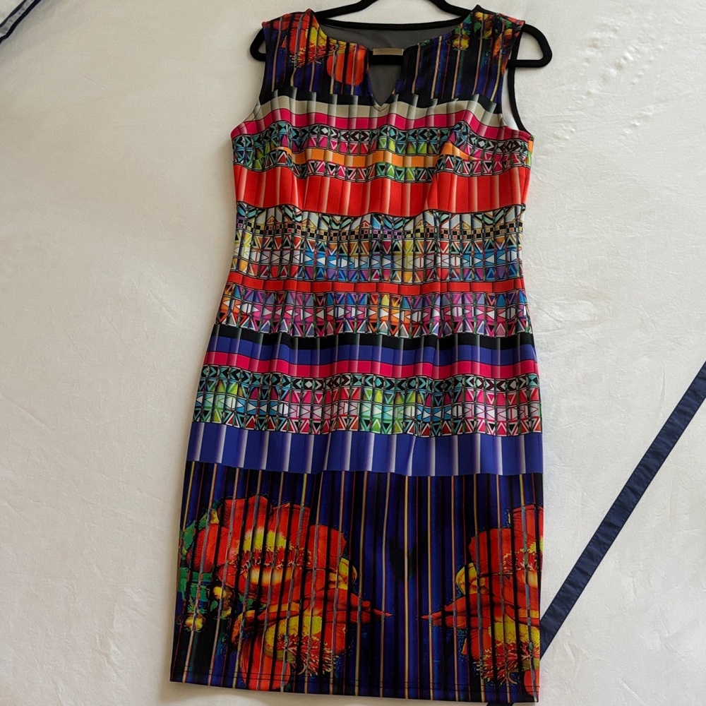Joseph Ribkoff Purple and Red Pleated Sheath Mini Dress